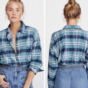 FREE PEOPLE Loveland Plaid Blue Long Sleeve Flannel Button Down Size XS